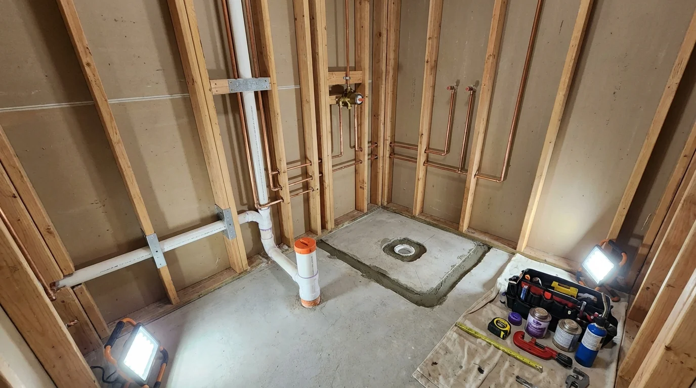 Bathroom rough-in plumbing during remodel by Johns Plumbing LLC in Metropolis