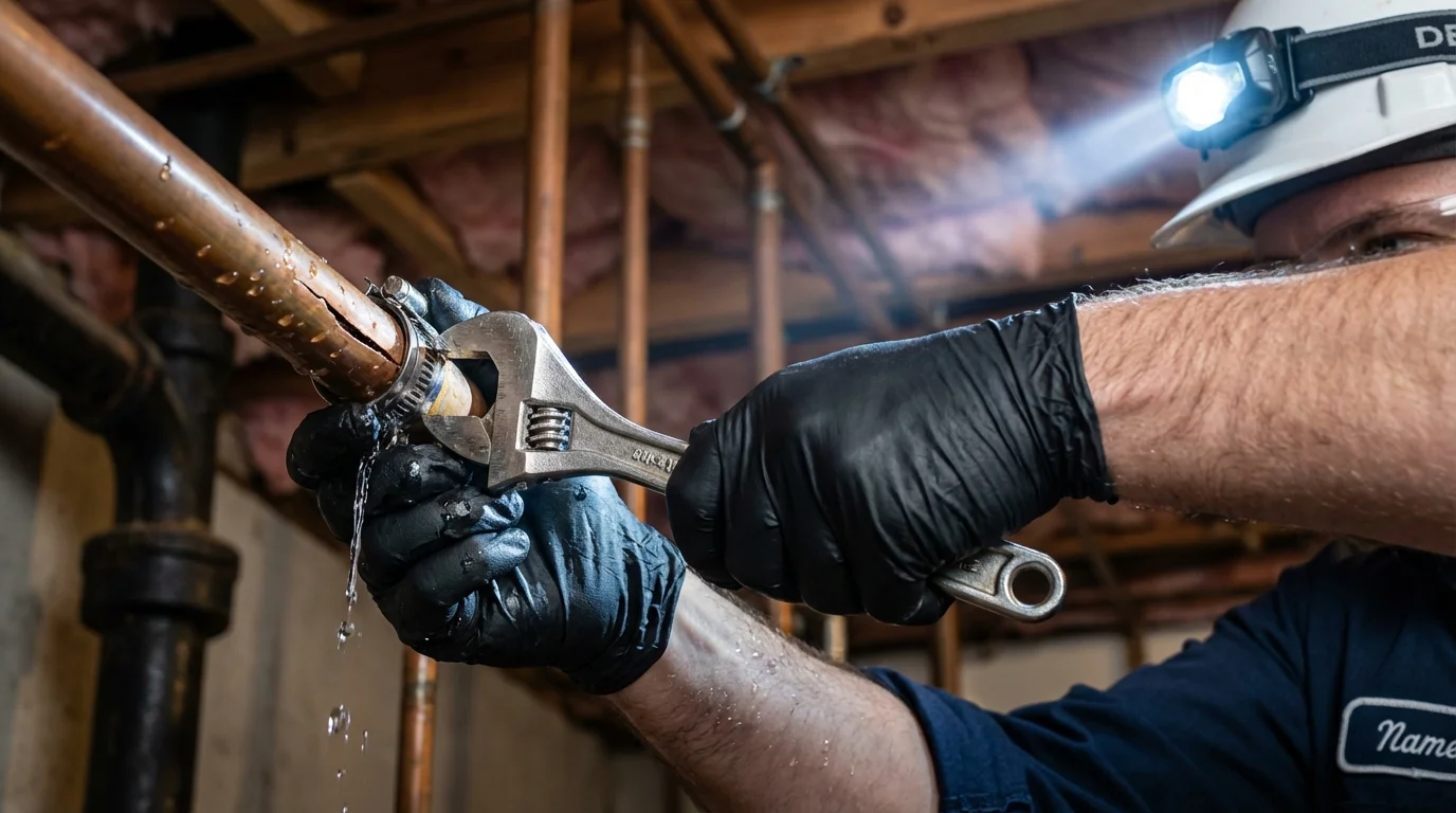 Emergency pipe clamp repair being performed by a Johns Plumbing LLC plumber in Metropolis