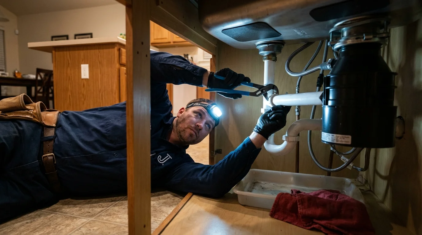 P-trap and supply line connections under a kitchen sink showing a common leak point in Metropolis, IL